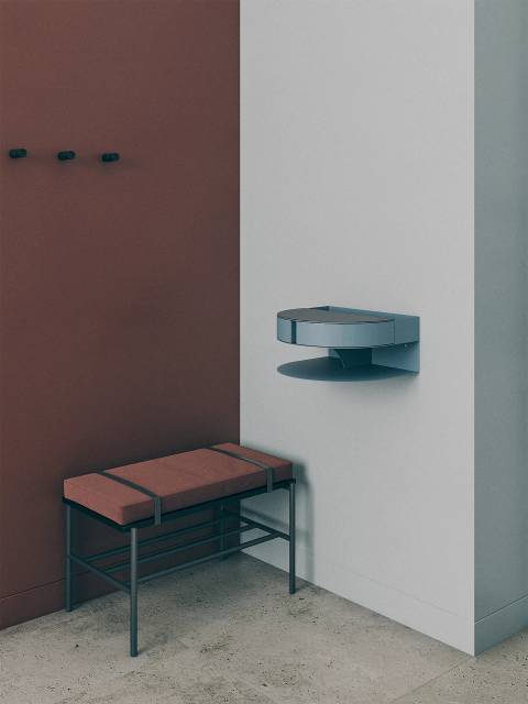 Подвесная консоль MOON изготовлена из тонкого металлического листа: детали вырезаны лазером, согнуты и соединены между собой. Верхняя поверхность и ящики отделаны натуральной матовой кожей черного цвета. Кожа смягчает металл визуально и заглушает звук от предметов.