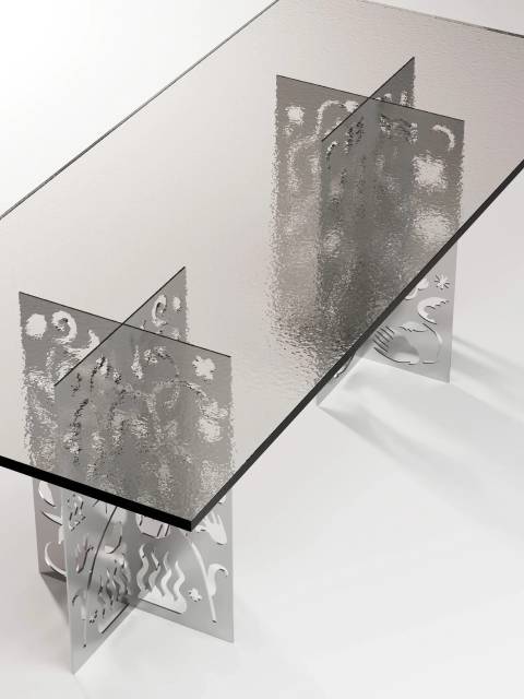 Стол Little Table of Paradise выполнен из нержавеющей стали и матированного стекла (seeded glass), сочетая современные материалы с философским подходом к предметному дизайну.